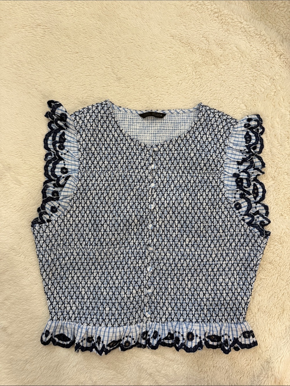 Zara Light Blue Patterned Sleeveless Ruffle Trim Top